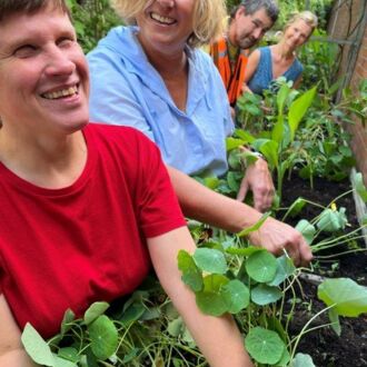Vier unserer hauptamtlichen Mitarbeiterinnen und Mitarbeiter beim gemeinsamen freudigen Gärtnern an den Beeten im vereinseigenen Garten